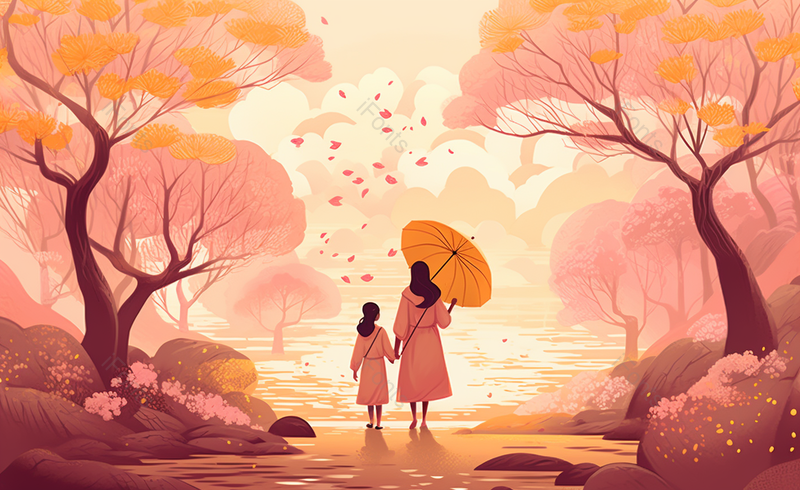 母亲节卡通手绘康乃馨素材湖边打着伞的女人,插画/手绘图,插画/手绘图库,插画/手绘图下载,插画/手绘